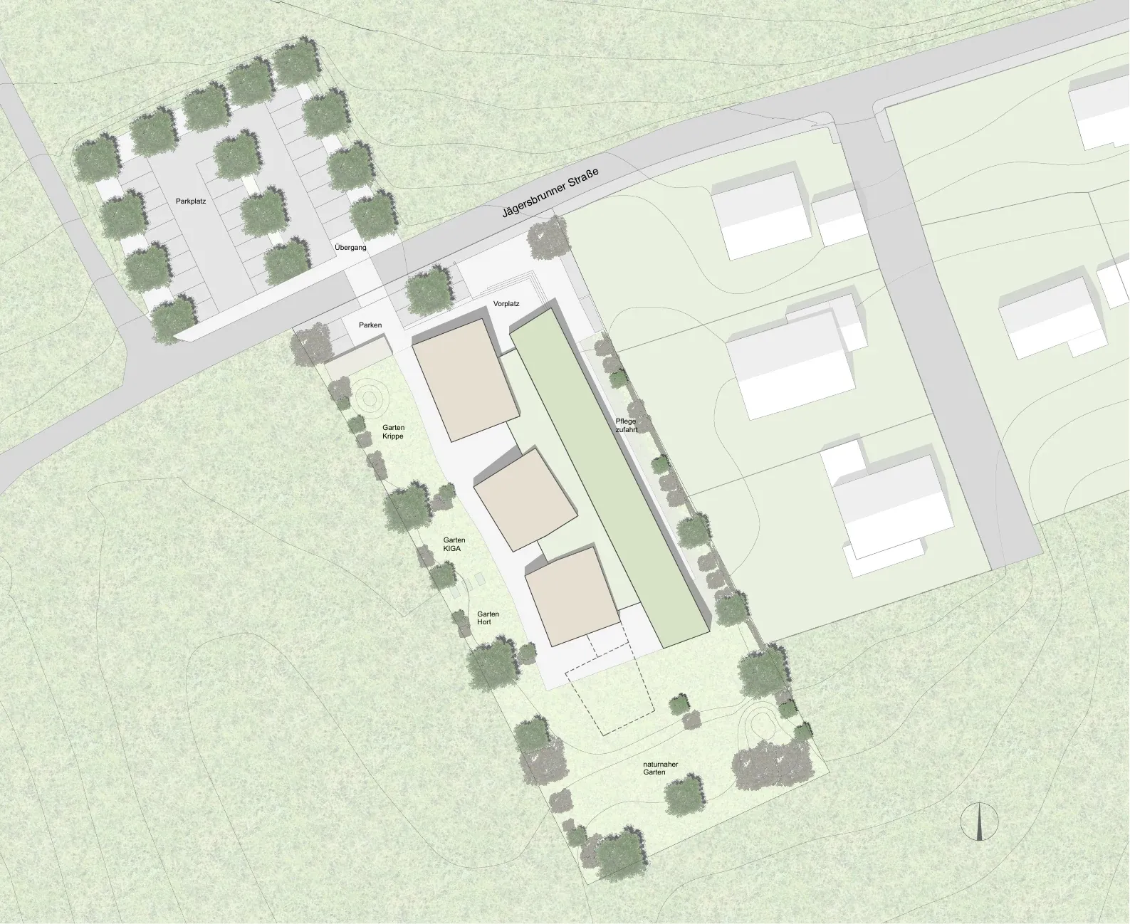 Lageplan mit drei versetzten Häusern, Vorplatz, Gärten und Übergang zur offenen Landschaft