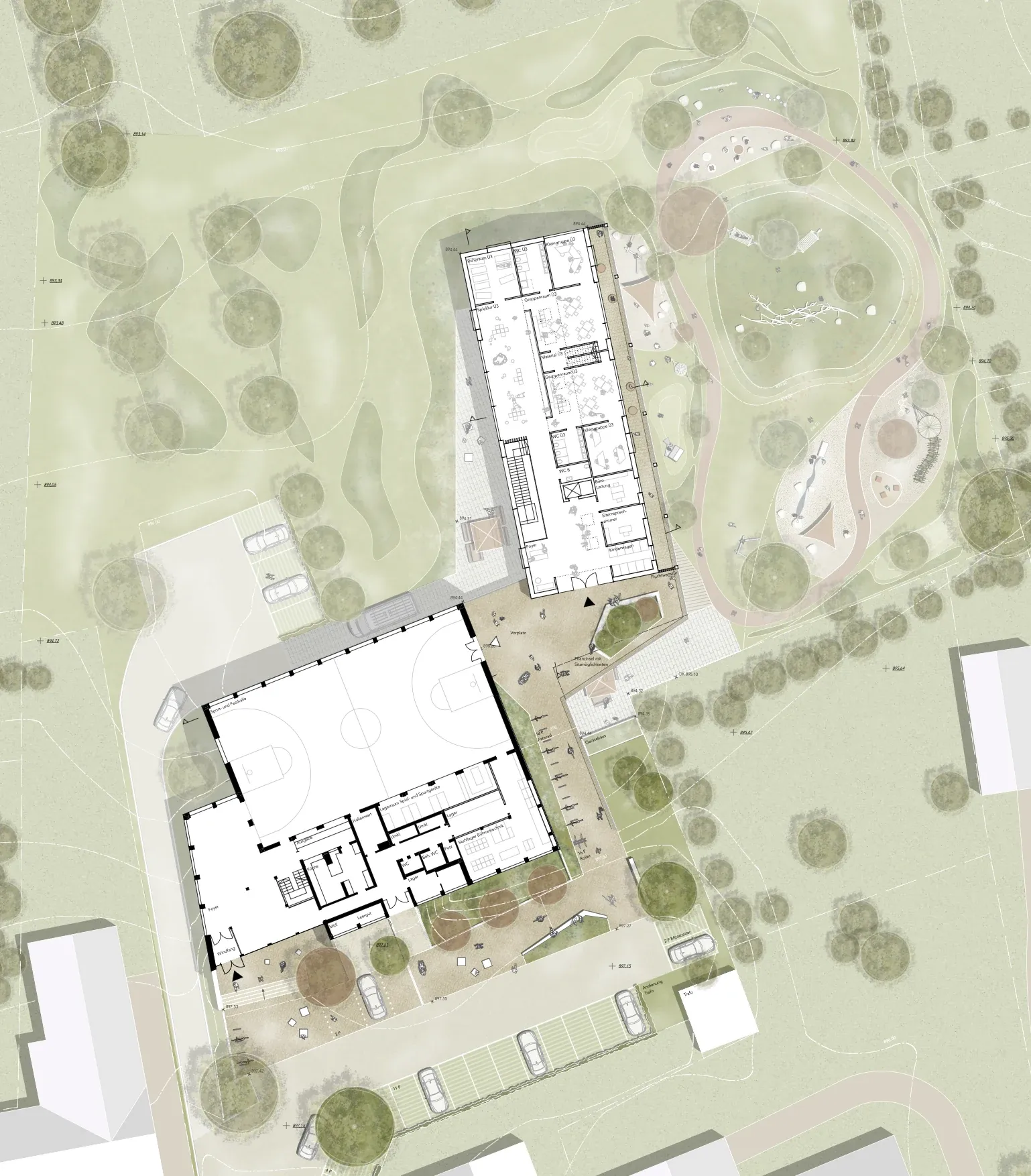 Lageplan mit Gemeindehaus, Kindergarten, Vorplatz, Grundriss und Spielgarten