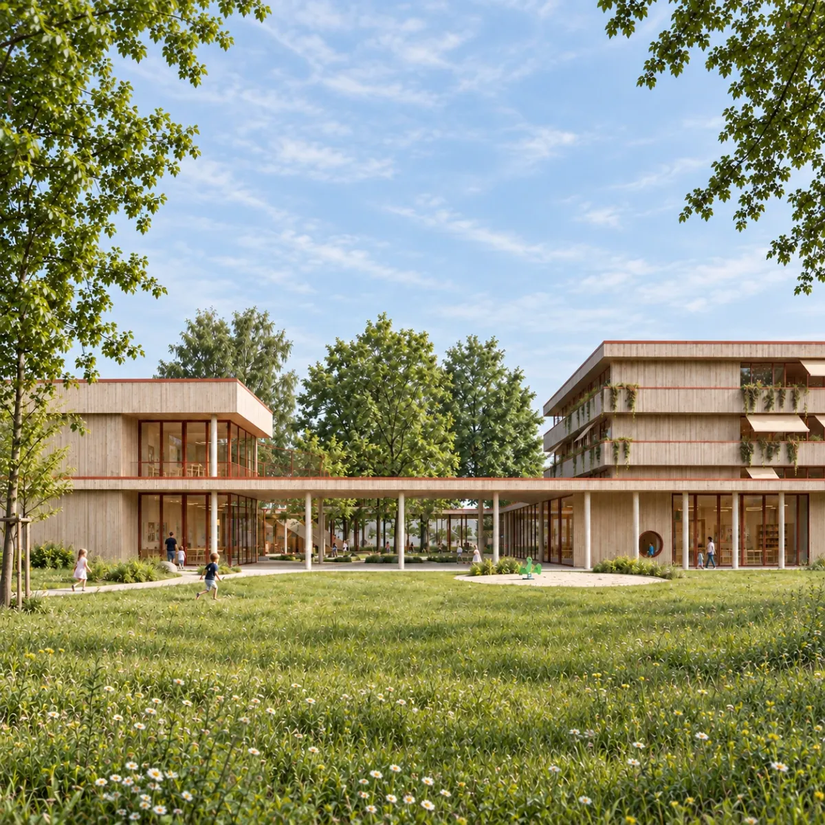 Quadratische Visualisierung des Kinderhorts und der Schule hinter einer Blumenwiese