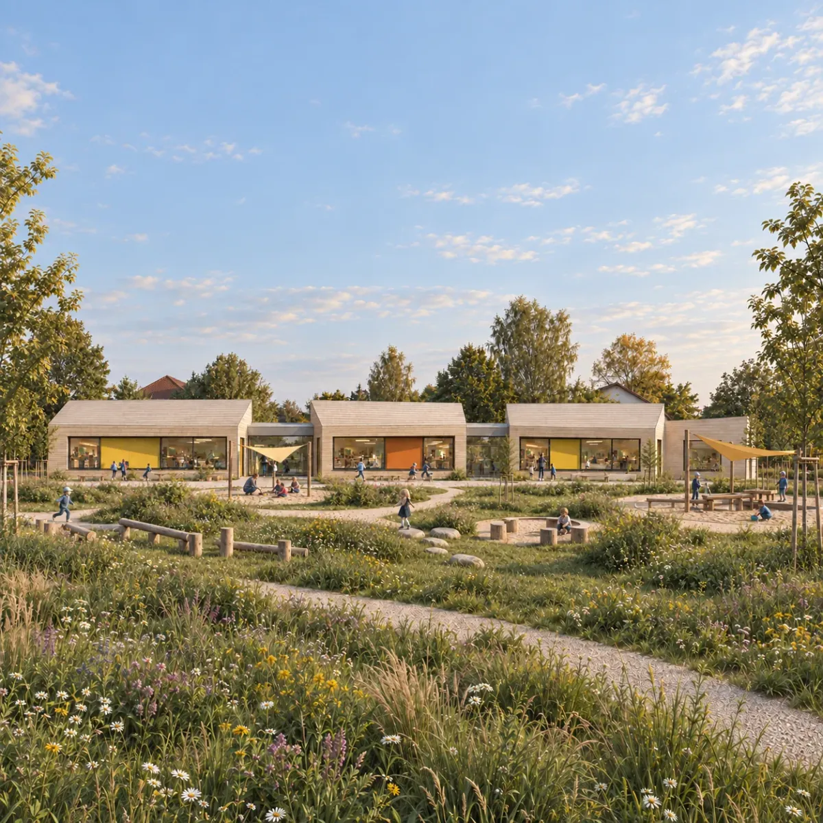 Quadratische Visualisierung des Kinderhauses mit drei Holzgebäuden und naturnahem Spielgarten