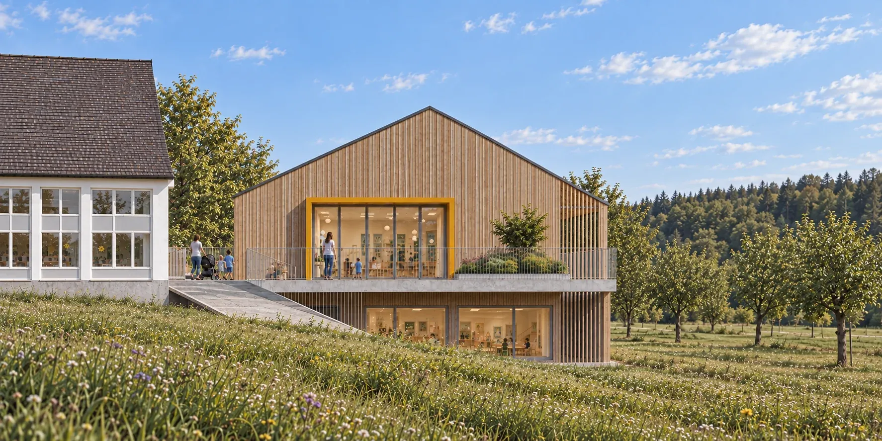 Perspektivische Visualisierung des Kindergartens mit Holzfassade, Terrasse und Wiese