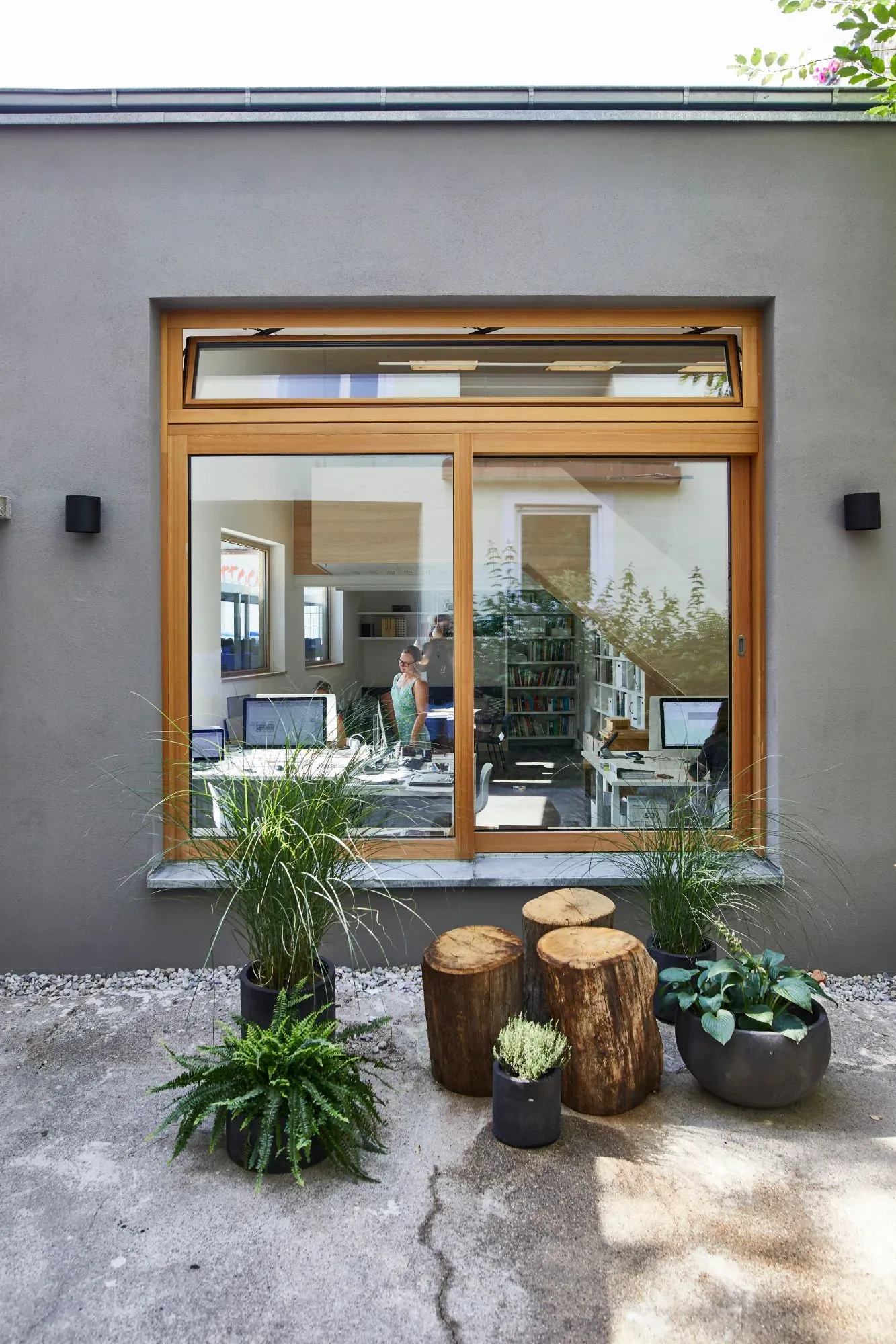 Großes Holzfenster in grauer Fassade mit Blick ins Büro, davor Baumstümpfe und Pflanzkübel